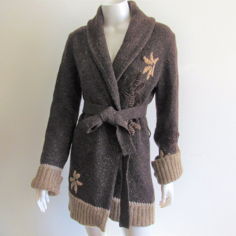 Escada Brown Shawl Collar Belted Cardigan with Tan Trim